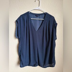 Lands' End Navy and White Polka Dot Blouse